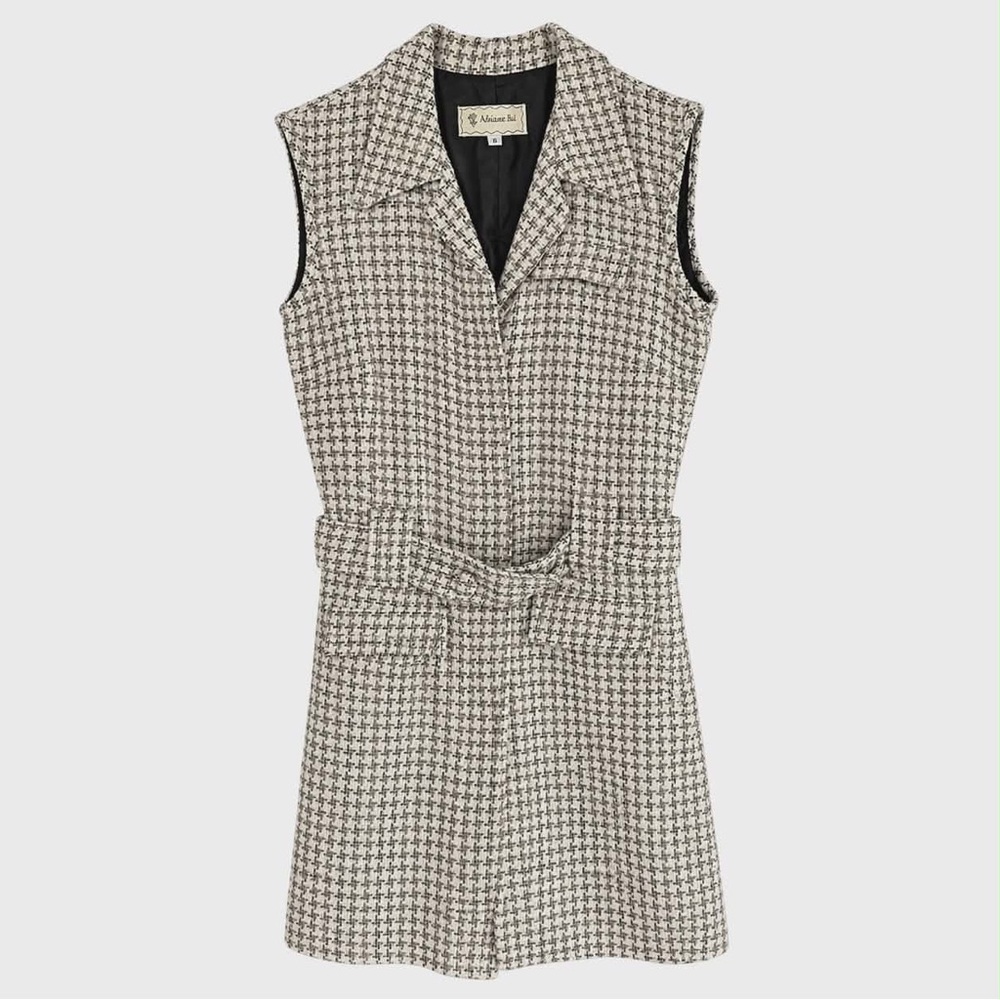 Sz 6. NWT. Vintage Y2K. Adrienne Bui. Tweed Houndstooth Sleeveless Belted Dress - Picture 5 of 8